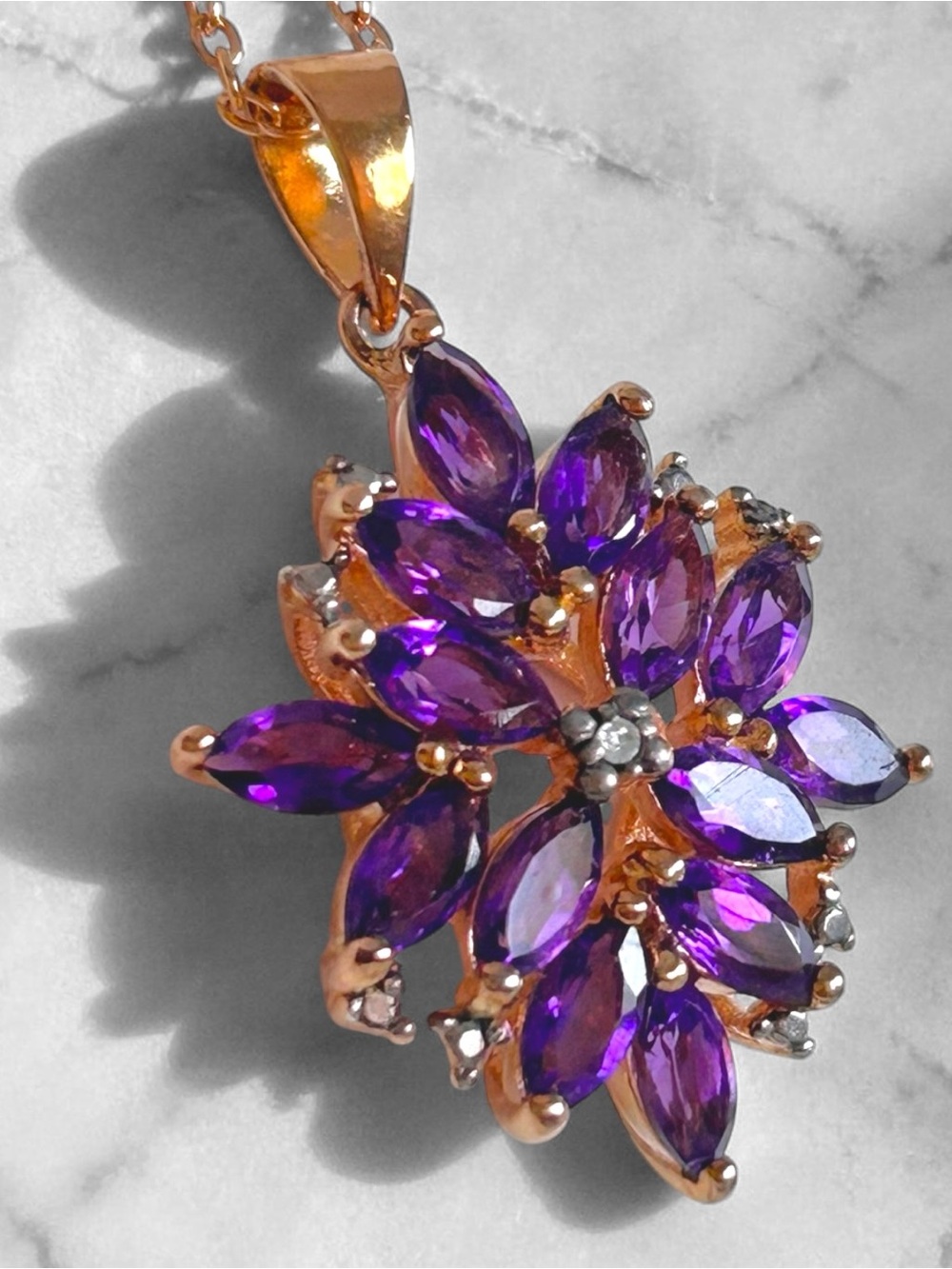 Gold Over Silver Amethyst Flower Pendant Necklace in Purple